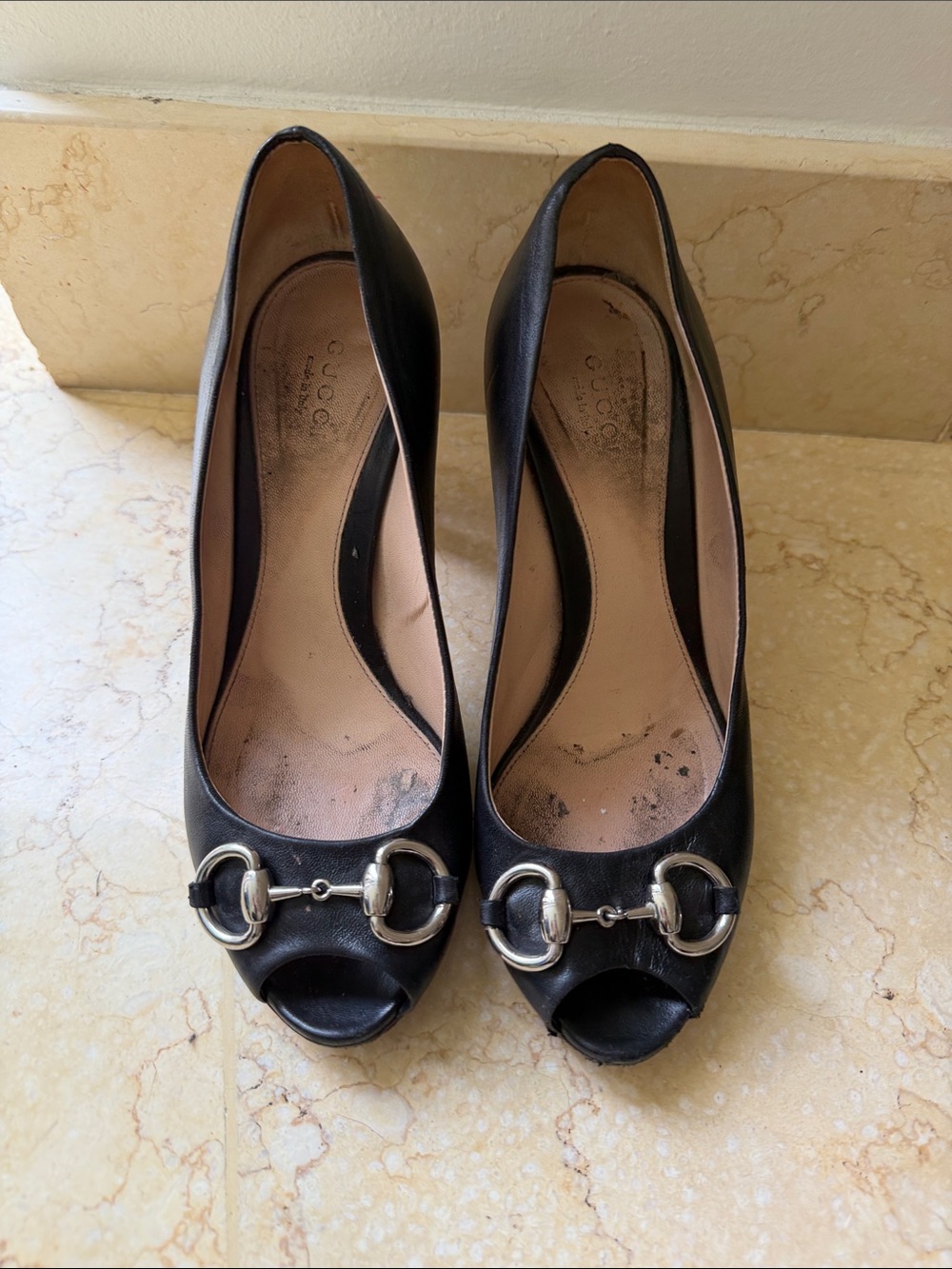 Gucci Black Leather Peep-Toe Heels with Silver Horsebit Accent